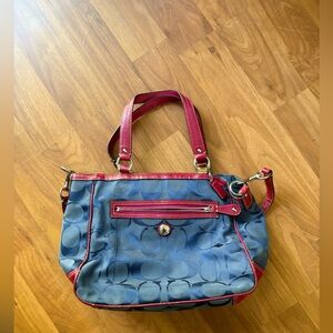 Coach F14941 Laura Signature Jacquard Blue Pink Trim Tote Handbag‎